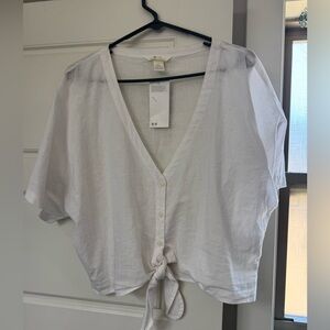 White Button-Down Tie-Front Linen Top